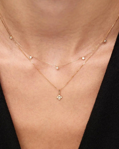 Solid Yellow Gold - Diamond Flower Charm Necklace