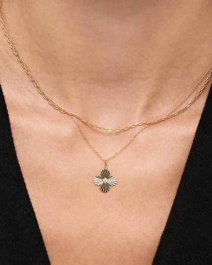 Solid Yellow Gold - Large Emerald Flower Charm Necklace