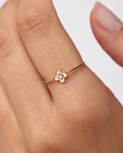 Solid Yellow Gold - Mini Diamond Flower Ring