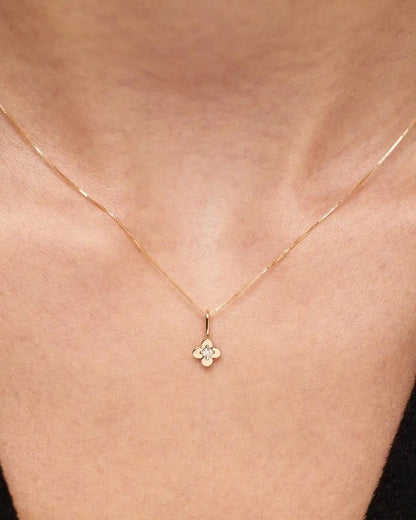 Solid Yellow Gold - Diamond Flower Charm Necklace