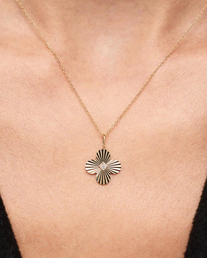 Solid Yellow Gold - Large Emerald Flower Charm Necklace