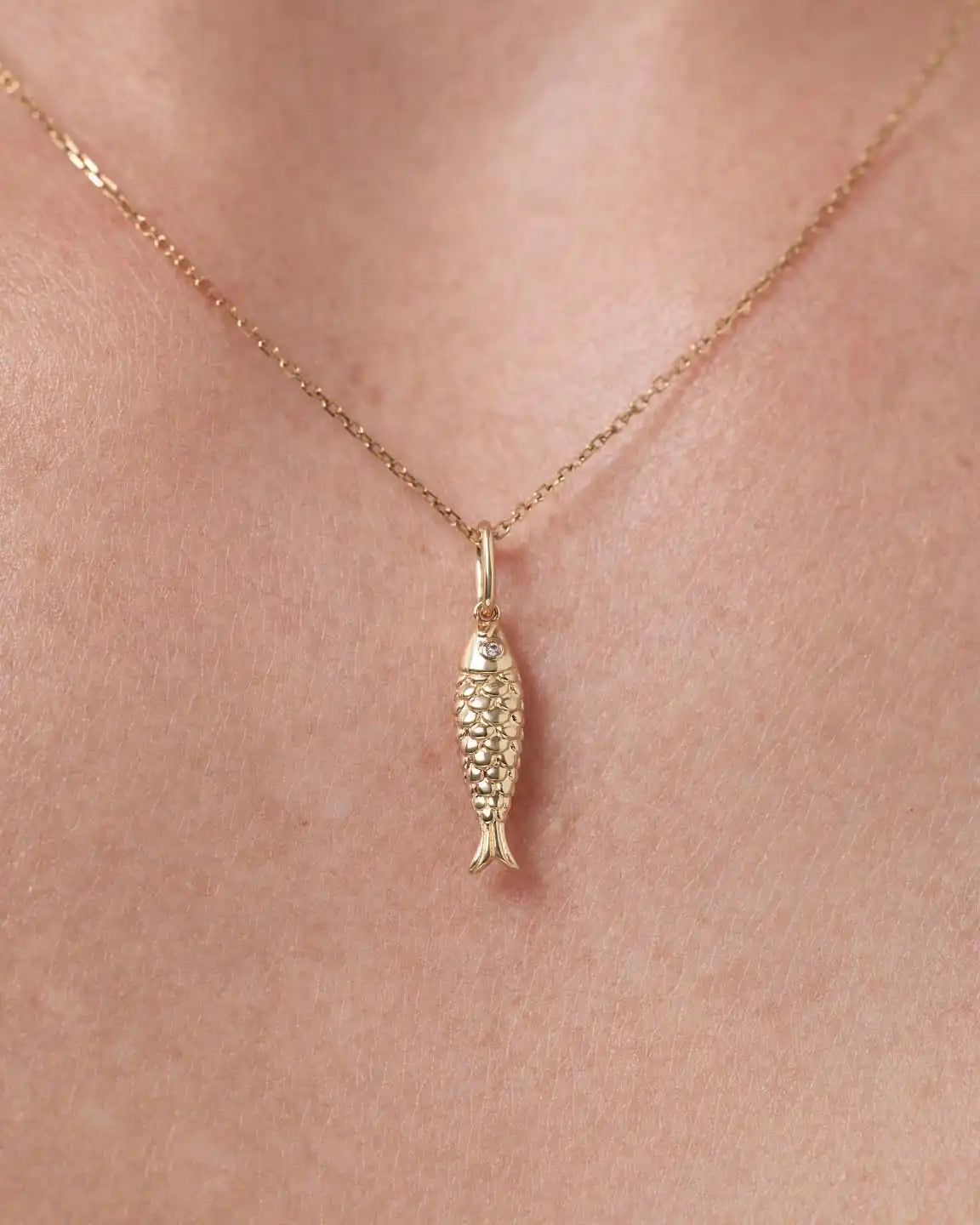 Solid Yellow Gold - Gemstone Fish Necklace
