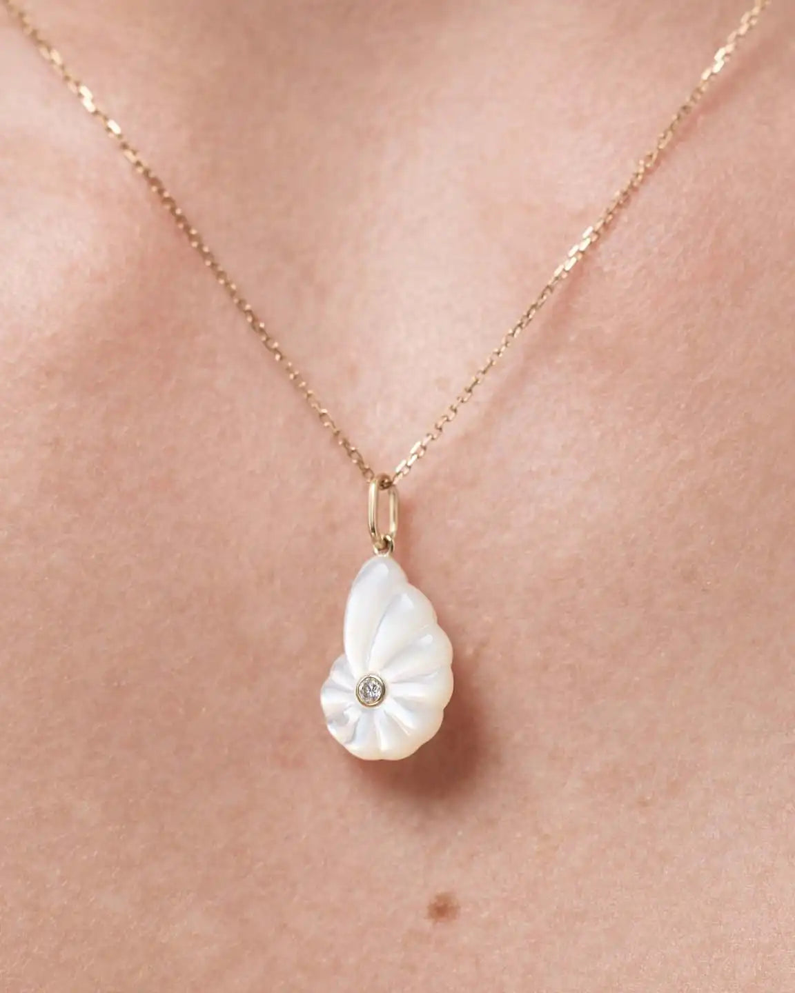 Solid Yellow Gold - Mother of Pearl Shell Necklace