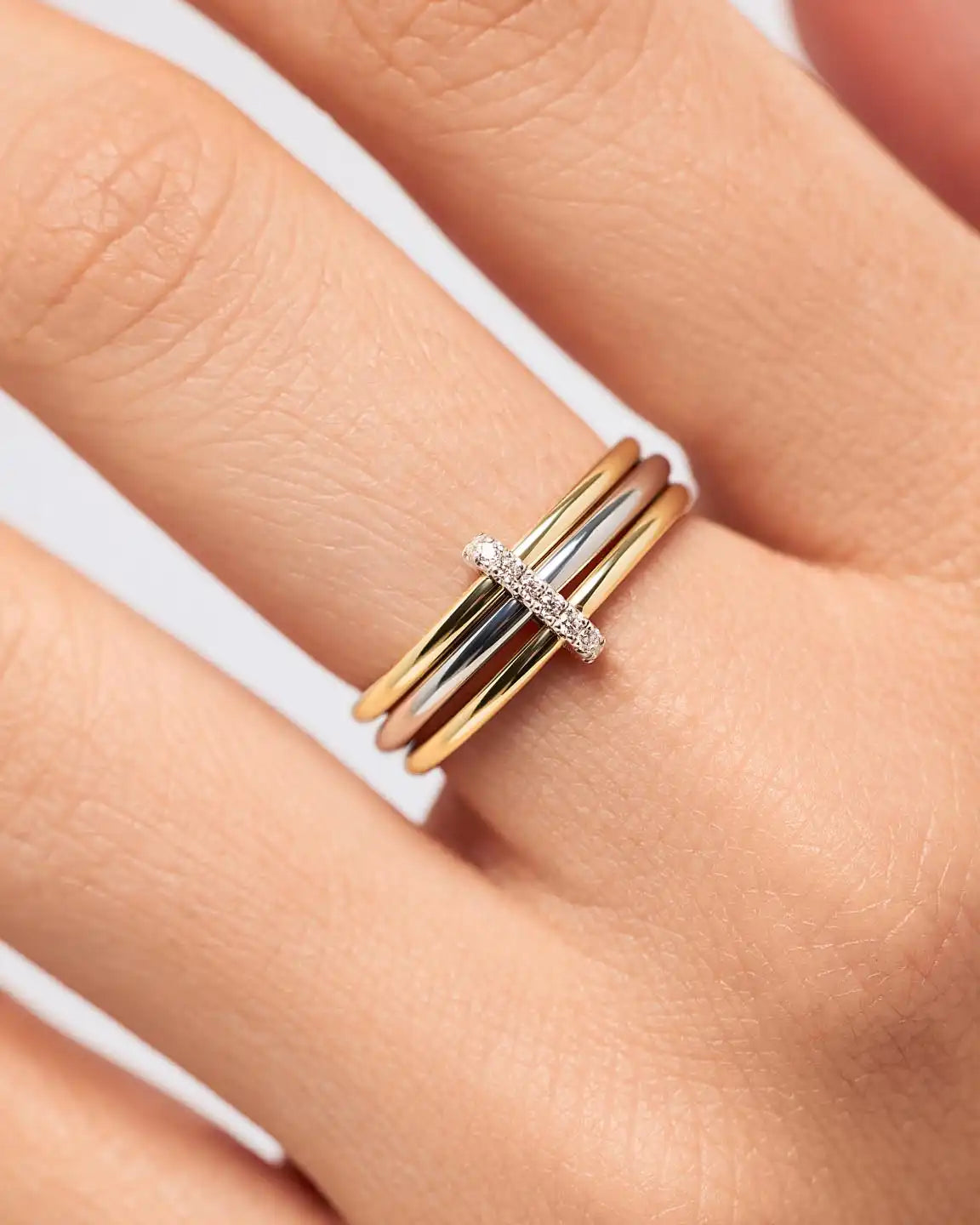 Solid Yellow Gold - Two Tone Trio Diamond Link Ring