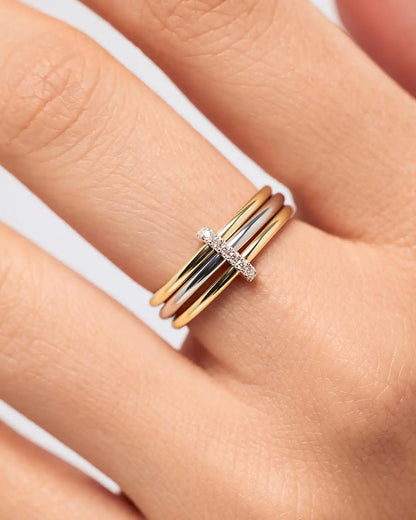 Solid Yellow Gold - Two Tone Trio Diamond Link Ring
