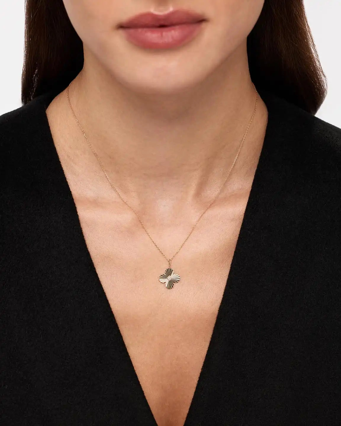 Solid Yellow Gold - Large Emerald Flower Charm Necklace