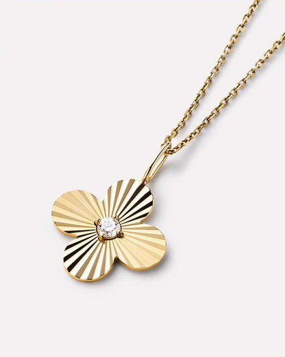 Solid Yellow Gold - Large Emerald Flower Charm Necklace