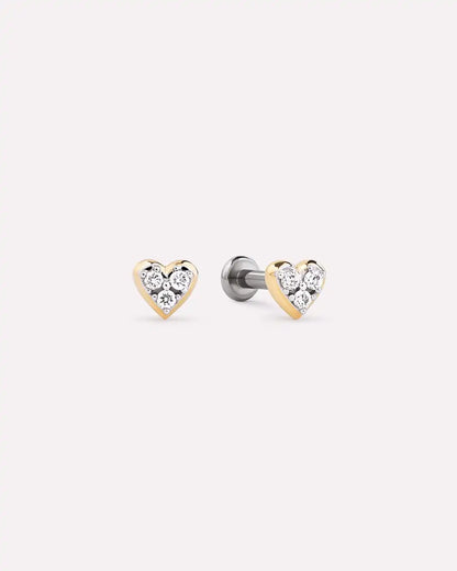 Solid Yellow Gold - Diamond Heart Flatback Studs