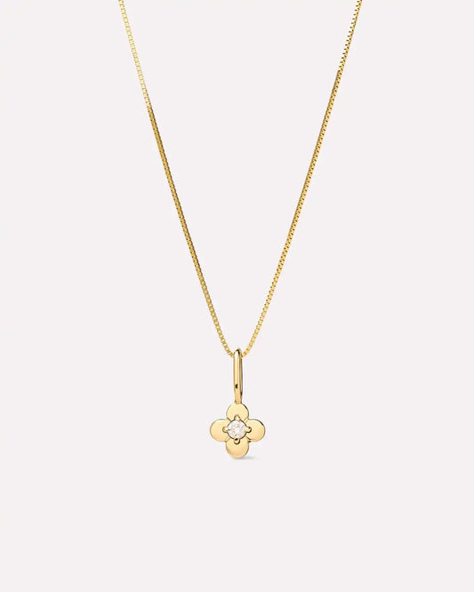 Solid Yellow Gold - Diamond Flower Charm Necklace