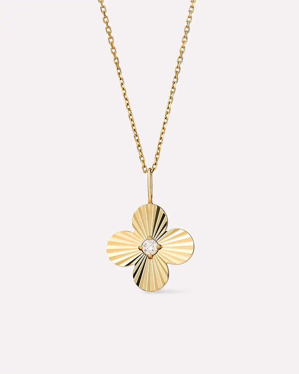 Solid Yellow Gold - Large Emerald Flower Charm Necklace