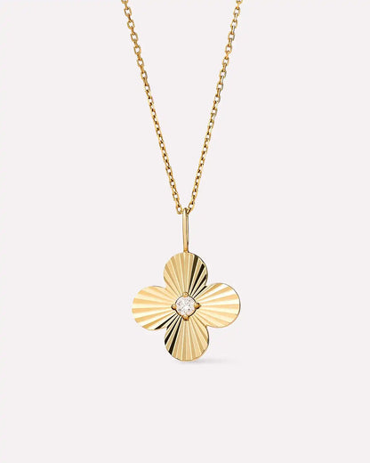 Solid Yellow Gold - Large Emerald Flower Charm Necklace