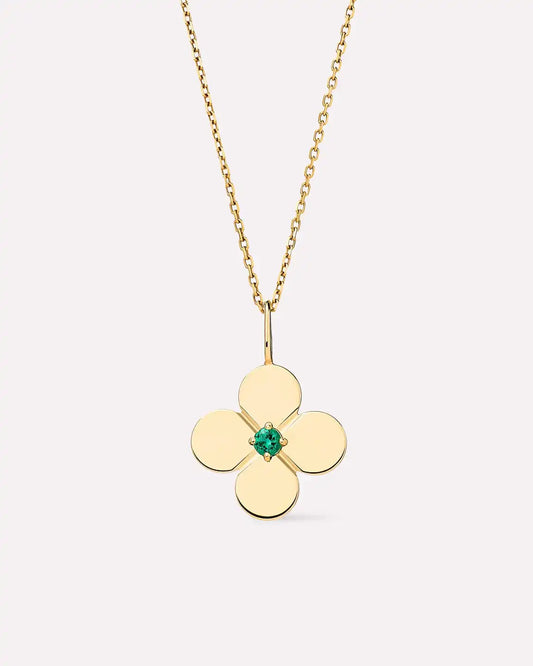 Solid Yellow Gold - Large Emerald Flower Charm Necklace